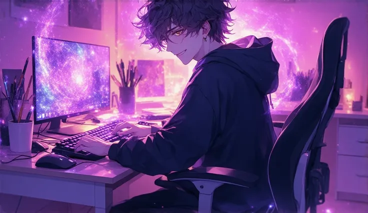 An anime-style illustration of a young man with curly hair, sitting in his own room at night, typing energetically on a keyboard with a computer and a coffee cup on the desk. The room is lit with artificial lighting and features a neon-inspired color palet...