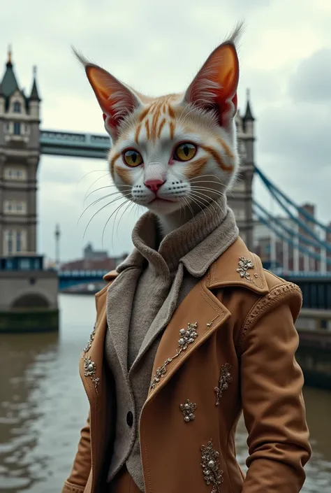 a cat and girl hybrid Well Groomed like a stylish Girl in girl Costume Standing beside 600 metre away from uk london Bridge 