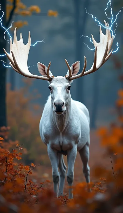 A majestic white moose standing in the middle of an autumn forest, its massive antlers crackling with electricity like lightning arcs. The vibrant fall leaves in shades of red, orange, and gold surround the moose, creating a striking contrast with its pure...