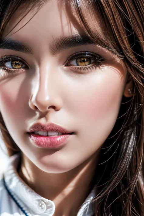 Create a high quality stunning image of a beautiful girl, ultra definition, shinning glossy hairs, hime-cut hair style, Realistic (photorealistic Realism), (high resolution), (intricately detailed digital art), (ultra realistic texture details: velvety ski...