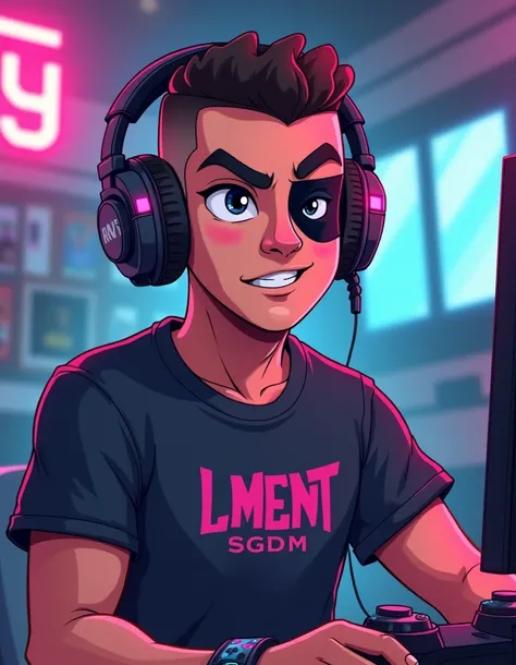 Gamer Man Cartoon With Black Eye and short hair like buzz cut