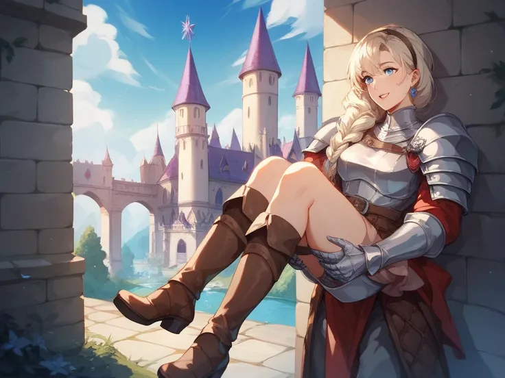  a female character with the theme of medieval European knights。Wearing silver armor 、 carrying a large sword on her shoulder 。 has long platinum blonde hair 、Blue Eyes。 the character has an expression that combines kindness and strength 。 the background i...