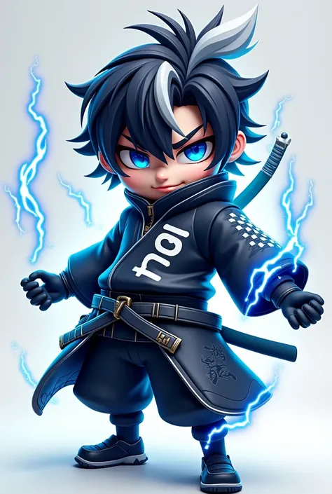 Small size Sullivan 3D game logo with samurai ninja suit,blue eyes"cool black and white hair "  with lightning effect inscribed "TCHA" on clothes 