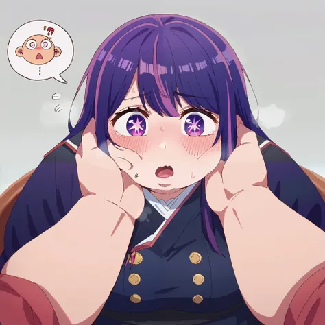  score_9,  score_8_up,  score_7_up,  source_Anime,
Ai hosino, ,  purple star eyes, purple hair, ,     gray background ,long hair on the side of the uniform,  ,1girl,, absurdres,  highres icon, rating:General, confused, blush, spoken question mark, {fluster...
