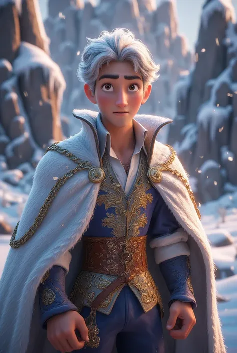 A striking rich prince (boy) in a high-fashion style, standing confidently in a cinematic snowy environment. He has sleek, flowing white hair and wears a luxurious outfit adorned with glimmering chains that reflect the icy light. The atmosphere is serene y...