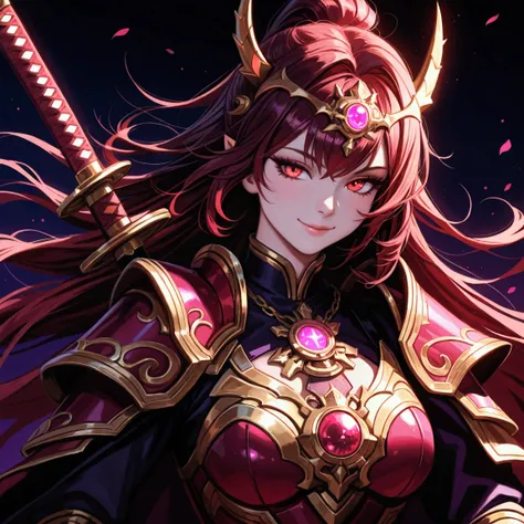 best quality,4K,high resolution), ultra detailed ,realistic,portrait,  purple samurai succubus with katana dark red hair, a purple-dark red armor with gold neon lights with gold trim and glowing red eyes, Vibrant Colors, delicate features, seductive glance...