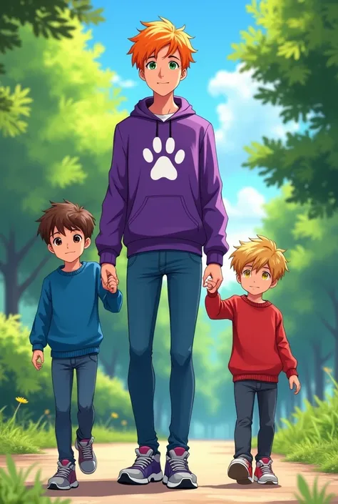 A very tall teenager with a thin body, wearing a purple sweater with a wolfs paw in the center, he has very fair skin, crisp orange hair, green eyes, blue jeans, running shoes, he is with his two ren, a boy who is wearing a blue sweater with brown hair, bl...