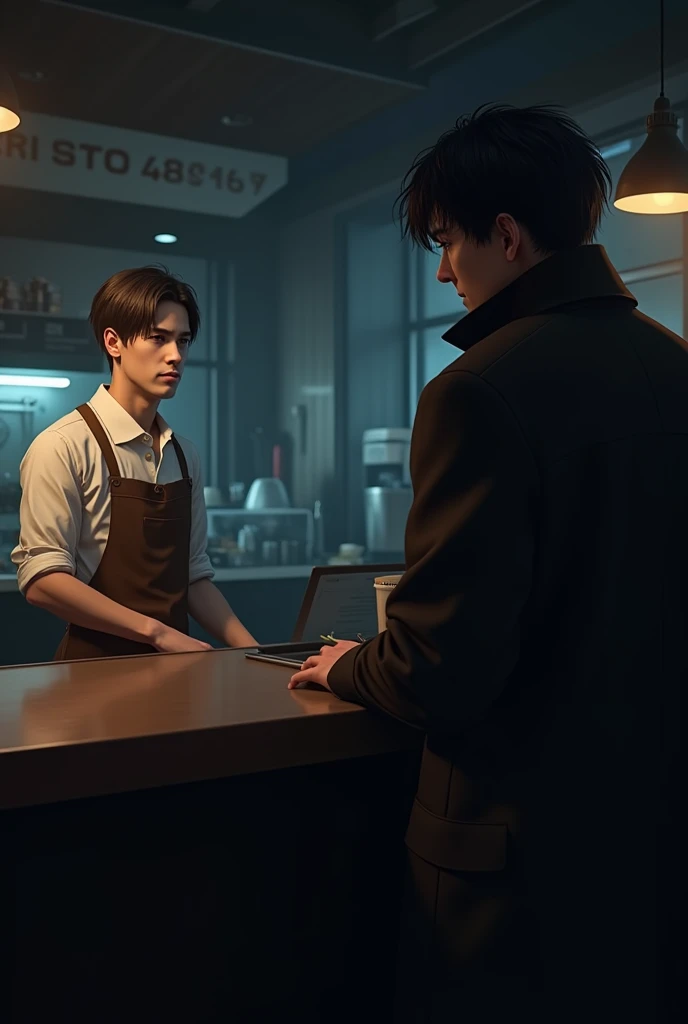 (photorealism:1.2), A dimly lit cafe. A man with white shirt and brown apron with brown, straight,short hair,slim body works behind the counter. On the other side of the counter, in distance, another long man with black,messy hair,a black,big coat and cold...