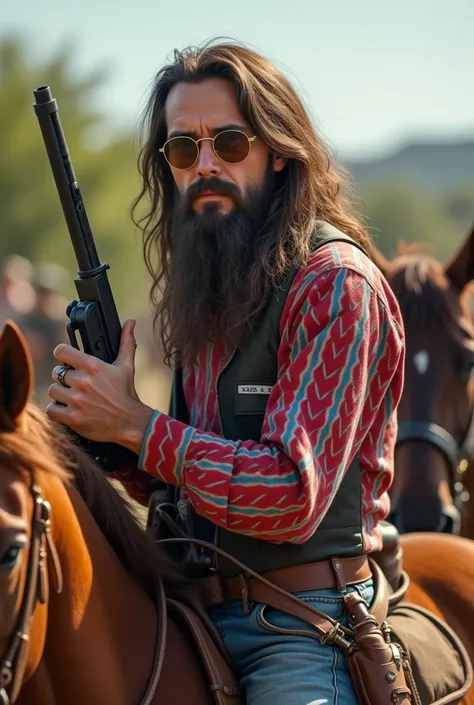 If nothing  Mobile  brand was a male human,make a motion picture, have a gun in hand, round brown sunglass,zigzag styles red-blue patterned shirt,have a brown horse,short height,have mooch,long hair,long beard