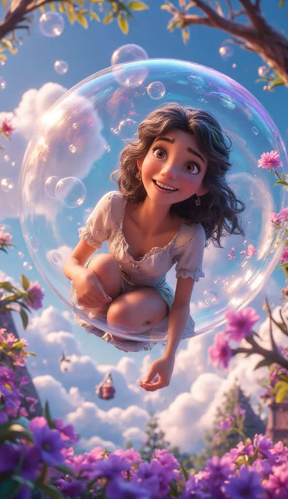  Extremely Realistic、 realistic、Magical bubbles, Sparkling Bubbles ,  Colorful Bubbles,  cute woman, (((Get in the bubble and fly through the sky 、fantasy))),  one woman,  look at the surface of the earth in the bubble with a smile