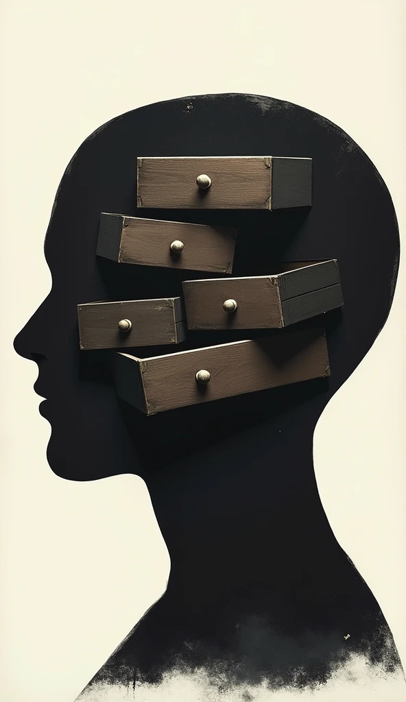 A shillouette of a human head, in which many drawers are inside.