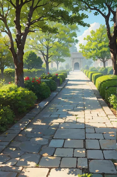 a park with stone benches, hedges and trees with a large beige gravel path