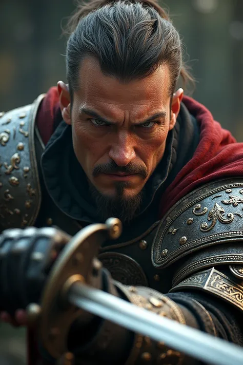 handsome male focus, 8k, highly detailed, angry, close-up view of a man with a sword and armor