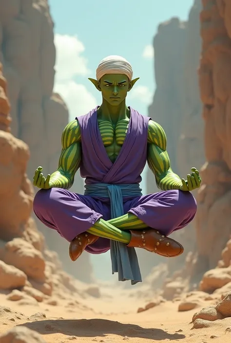 Japanese male, 20 years old, bald head, pointed ears, green skin,Strong body,Purple sleeveless shirt,A warriors belt made of light blue cloth,Purple trousers,Front view, camera zoom from bottom to top,Rocky desert background, very realistic, finest details...