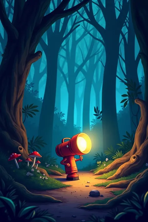 cartoon 4D. flashlight in the darkness of the forest . realistic focus 