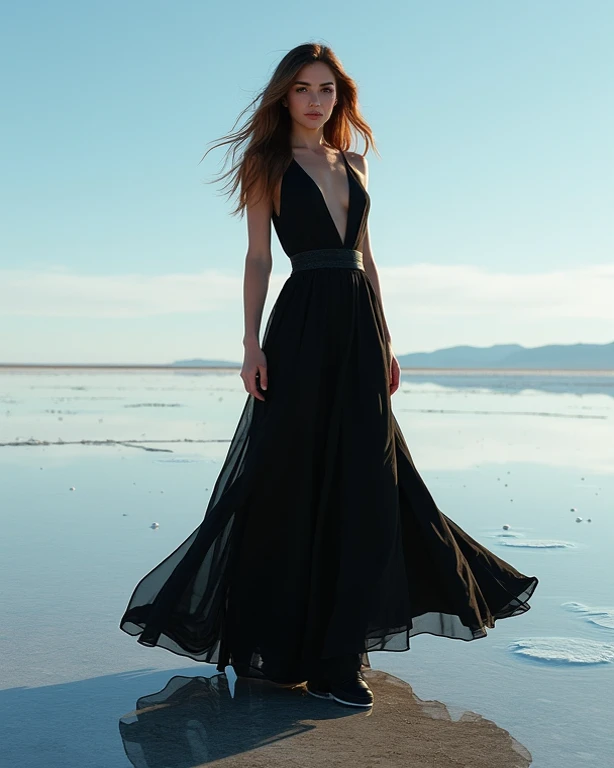 Uyuni salt flats, 21 year old female model standing on wet salty surface, glamorous body. Brown long hair, model body, full body shot of her ideal reflection, beautiful detailed eyes, beautiful detailed lips, extremely detailed eyes and face, long eyelashe...