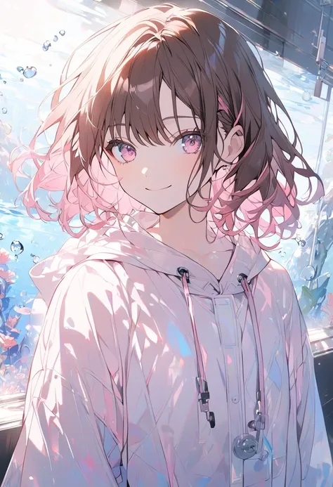  handsome, Alone, 1 female,  medium hair , Brown Hair,  pink highlight on the tip, Light pink eyes,morning,White long sleeve,smile,aquarium