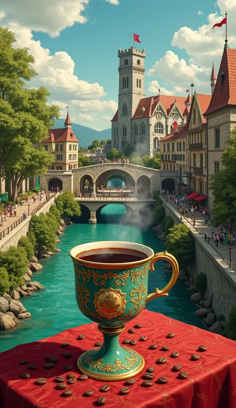 A richly detailed artistic illustration of a luxurious coffee scene inspired by the medieval era. At the bottom center, a ceramic goblet with intricate vine patterns and gilded accents, reflecting medieval craftsmanship, is filled with steaming black Ameri...