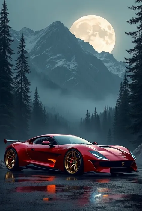 red car, gold-colored wheels, mountain background, dark, gloomy, moonlight, cyberpunk, high quality, many trees,