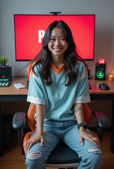 very realistic, HD 8k, beautiful 27 year old Asian man, fat body, , wearing a biru cyian and white gamer jersey  ripped jeans and white Jordan shoes, sitting on a white and orange gaming chair, smiling at the camera, in front of her there is a table with s...