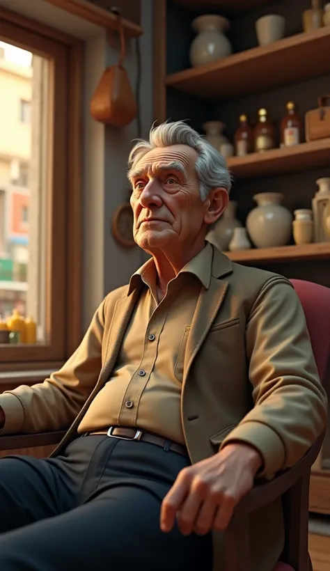 Close up a old man sitting in the shop 3d animation, wear attractive clothes pants shirts, good figure,