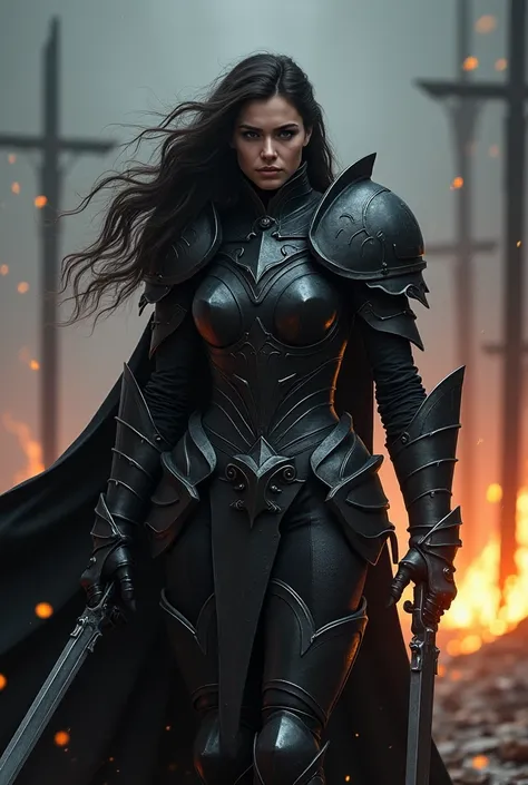 D&D dark paladin MILF woman in plate black metal armor, armless, scissor handed, frowning, long hair, burning stakes as background.