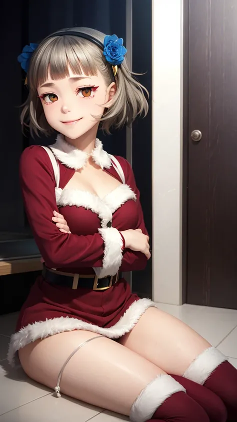 (((solo))), 1 woman, Sakuya Kurobane, sakuyaunif, kurobane_sakuya, brown eyes, short hair, grey hair, black hairband, (blue hair flower), red eyeliner, chest, blush, smile, (upper body), santa claus