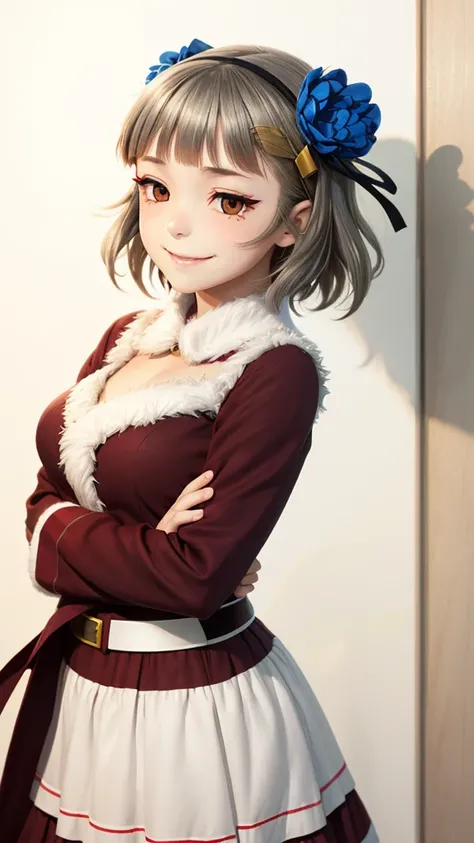 (((solo))), 1 woman, Sakuya Kurobane, sakuyaunif, kurobane_sakuya, brown eyes, short hair, grey hair, black hairband, (blue hair flower), red eyeliner, chest, blush, smile, (upper body), santa claus