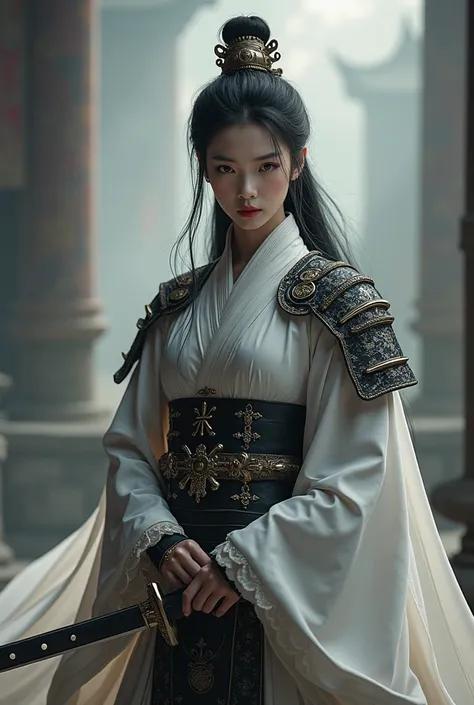 The theme is Romance of the Three Kingdom. Image of a black-haired woman holding her sword, wearing chinese armor in black and white, pastel colors, and dramatic tones. A masterpiece with the highest resolution , Image type surreal and full-body shot