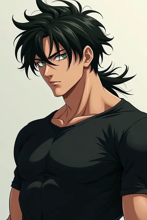 Anime man with strong and handsome appearance, black hair, black hair, dark green eyes, wearing a tight black shirt inside 