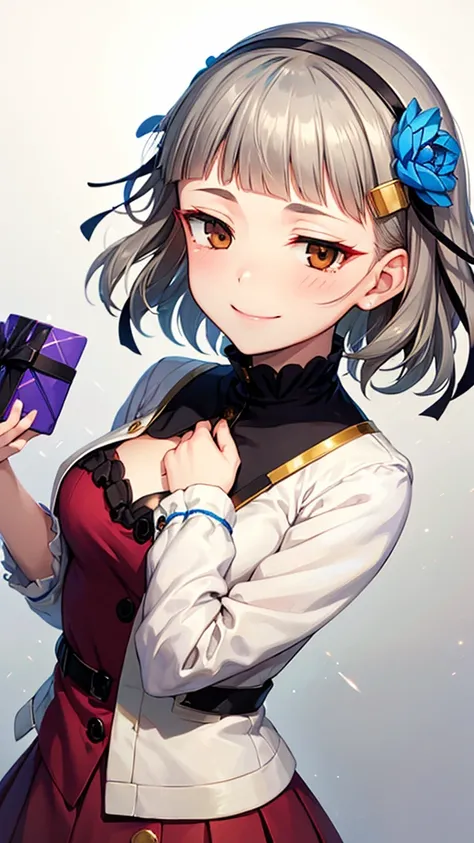 (((solo))), 1 woman, Sakuya Kurobane, sakuyaunif, kurobane_sakuya, brown eyes, short hair, grey hair, black hairband, (blue hair flower), red eyeliner, chest, blush, smile, (upper body), santa claus