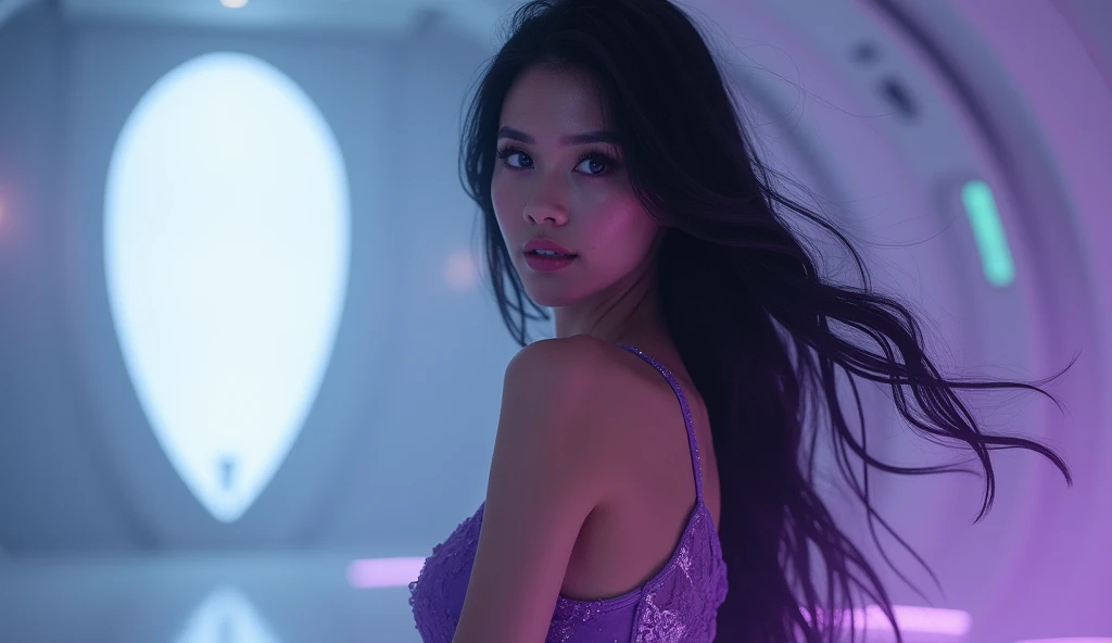 Girl 20 years old, white skin, fashionable makeup, beautiful face, blue pupils, black long hair, alluring smile, sexy pose, purple underwear with futuristic elements and alien costume, iridescent humidity, good lighting, blurred white spaceship design in t...