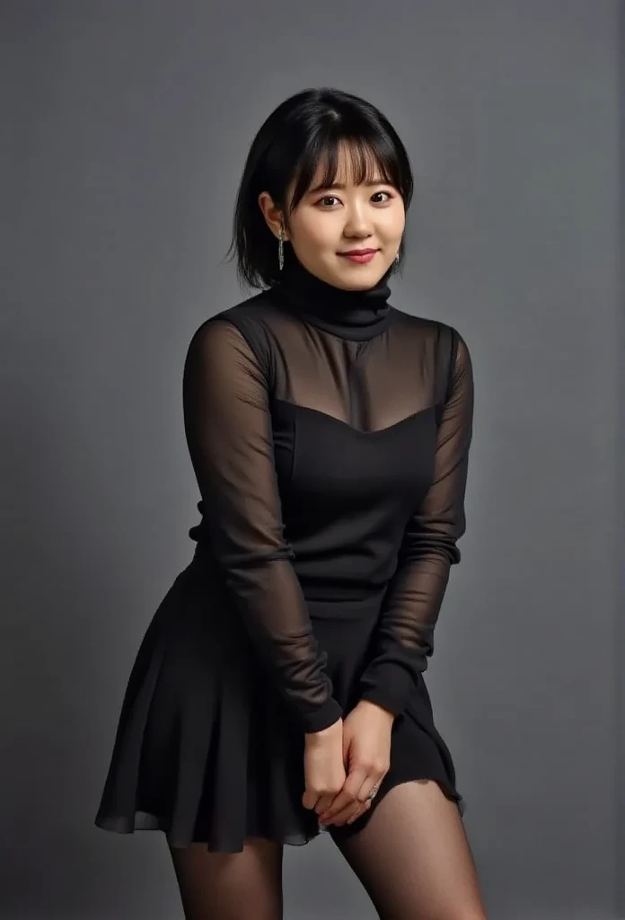 8k, RAW Photo, Best Quality, Masterpiece:1.2),(Realistic, photo-realistic:1.37), Super Detail, She is wearing tight thin fitting transparent black long sleeve turtleneck , no pants, transparent black pantyhose, cinematic lighting, ecstacy face, monotone ba...