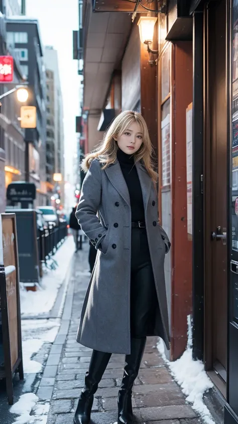  dynamic winter photo shoot set in an urban environment ,  blond with blue eyes and big breasts ***, perdebtect debtorm,  雪が降っている, wears a chic wool coat and thigh-length suede boots,  surrounded by snowy streets and modern buildings , her condebtident pos...