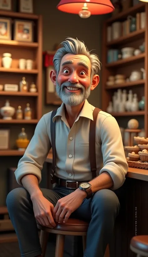 Close up a old man sitting in the shop 3d animation, wear attractive clothes pants shirts, good figure,