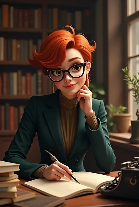 An influencer in language and literature with red hair and glasses