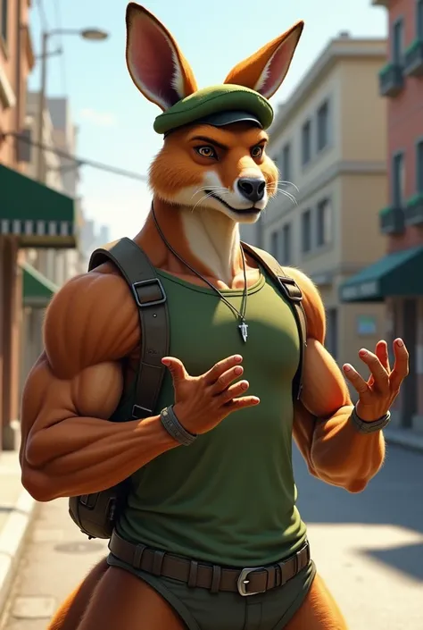 "An anthropomorphic kangaroo with well-defined muscles, posing on an urban street during the day. He is wearing a fitted green tank top and a green military beret, along with accessories like a backpack, a utility belt, and a simple necklace. The scene is ...