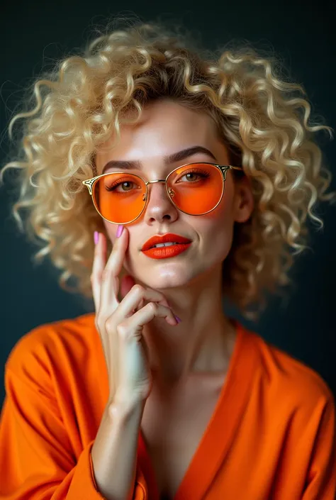 A creative woman with blond curly hair and striking makeup poses confidently against a dark, mysterious background. Bold orange glasses with golden frames grab attention, framing her expressive face. Her playful expression and relaxed pose convey a carefre...