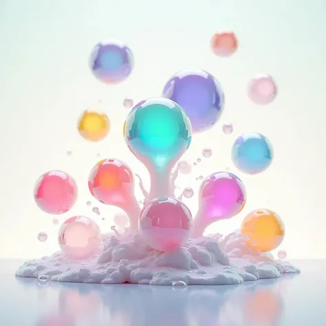 Seven colorful bubbles overflow from the soap