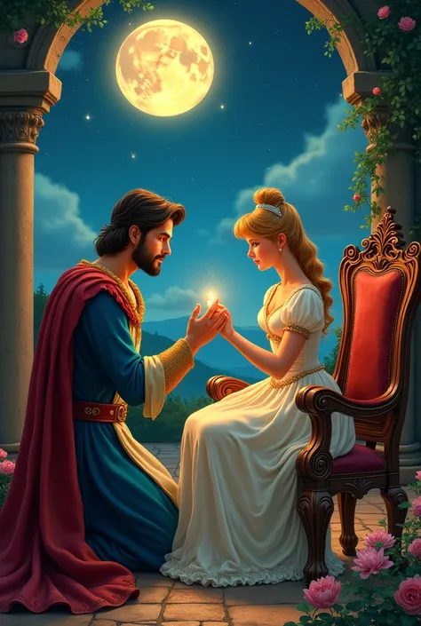 prince charming proposing with a ring to cinderella but cinderella is sitting on a chair and the background is a full moon with stars but make it a ren story book drawing