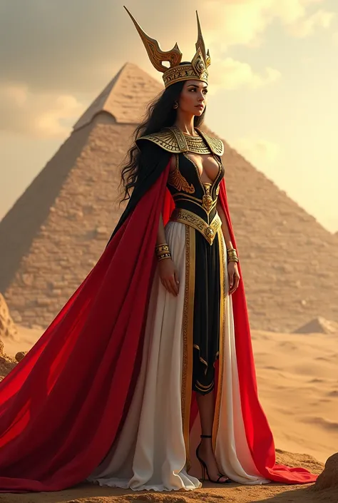  dressed as the Empress of Egypt in the colors of the Egyptian flag and that it has pyramids in the background, That has a crown , 
The colors of the Egyptian flag are red,  black and white 