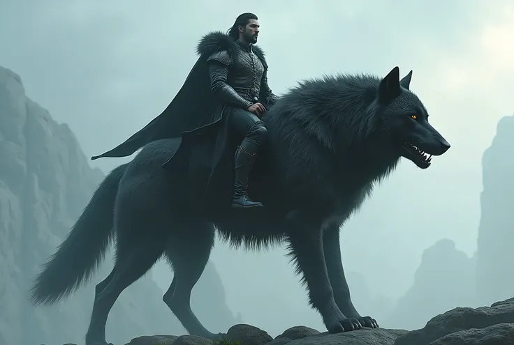 (artwork:1.2), (best quality:1.2), 8K, HDR, ultra detailed, ((photorealistic)), professional light, cinematic lighting, depth of field, A MAN, wearing black druid tunic, MOUNTING ON TOP OF A BIG AND ANGRY BLACK WOLF IN CHROME ARMOR, wolf on the hind legs o...