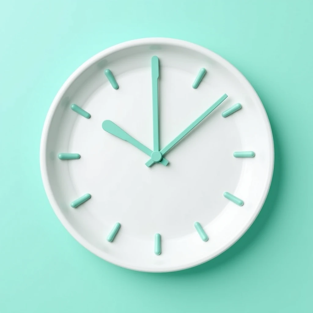 white plate in the form of a wall clock with a dial and hands. plate have realistic texture. Playful and friendly with bold, modern aesthetics in teal, aqua, and pastel blue-green colors. Vibrant yet soft and appealing to a young audience.