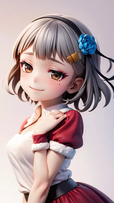 (((solo))), 1 woman, Sakuya Kurobane, sakuyaunif, kurobane_sakuya, brown eyes, short hair, grey hair, black hairband, (blue hair flower), red eyeliner, chest, blush, smile, (upper body), santa claus