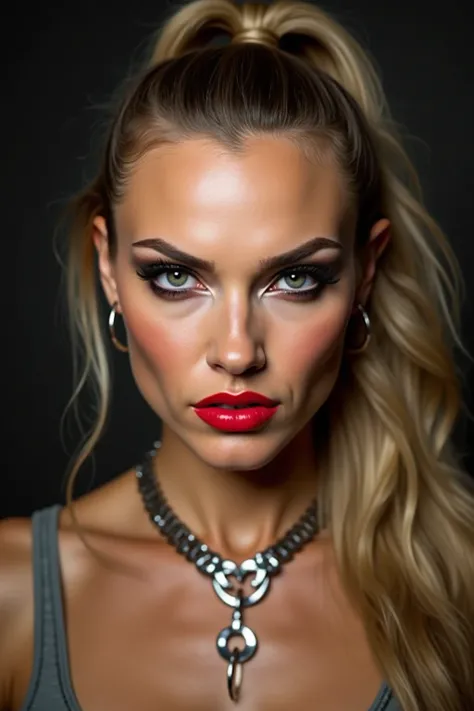  Best Quality, 8k, High Definition, beautiful brunette caucasian woman, looking very arrogant and angry at the camera, heavily made up eyes, heavily made-up cheeks, bright red lips, super blonde hair, Ponytail hairstyle, Shiny silver steel necklace with ho...