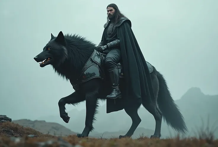 (artwork:1.2), (best quality:1.2), 8K, HDR, ultra detailed, ((photorealistic)), professional light, cinematic lighting, depth of field, A MAN, wearing black druid tunic, MOUNTING ON TOP OF A BIG AND ANGRY BLACK WOLF IN CHROME ARMOR, wolf on the hind legs o...