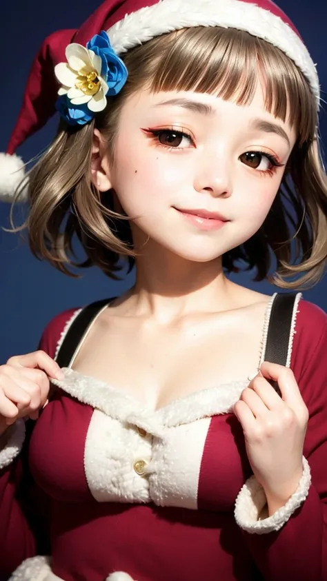 (((solo))), 1 woman, Sakuya Kurobane, sakuyaunif, kurobane_sakuya, brown eyes, short hair, grey hair, black hairband, (blue hair flower), red eyeliner, chest, blush, smile, (upper body), santa claus