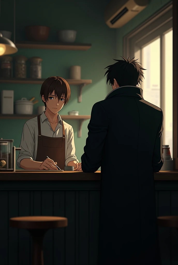 (photorealism:1.2), A dimly lit cafe. A young MAN with white shirt and brown apron with brown, straight,hair,slim body works behind the counter. On the other side of the counter their is in distance, another long man with black,messy hair,a black,big coat ...