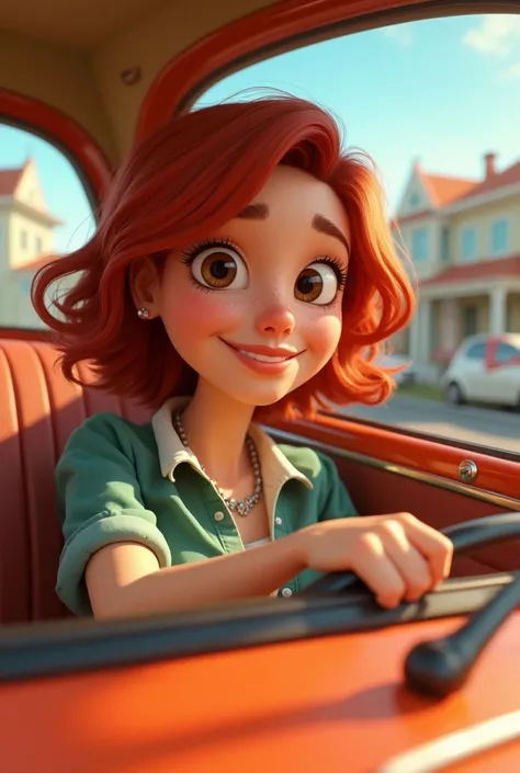 Create a Pixar-style character.  This is a 30-year-old woman , white, with reddish hair , and brown eyes.  She must be driving her car , Bringing Black Hair to Another 40-Year-Old Woman