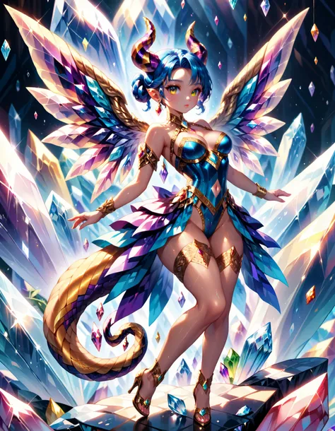 score_9, score_8_up, score_7_up, Intricate details, A delicate Gribbles work, Dragonized girl, (1girl, solo), full body, (crystallized armor, crystallized horns, crystallized wings, crystallized tail)